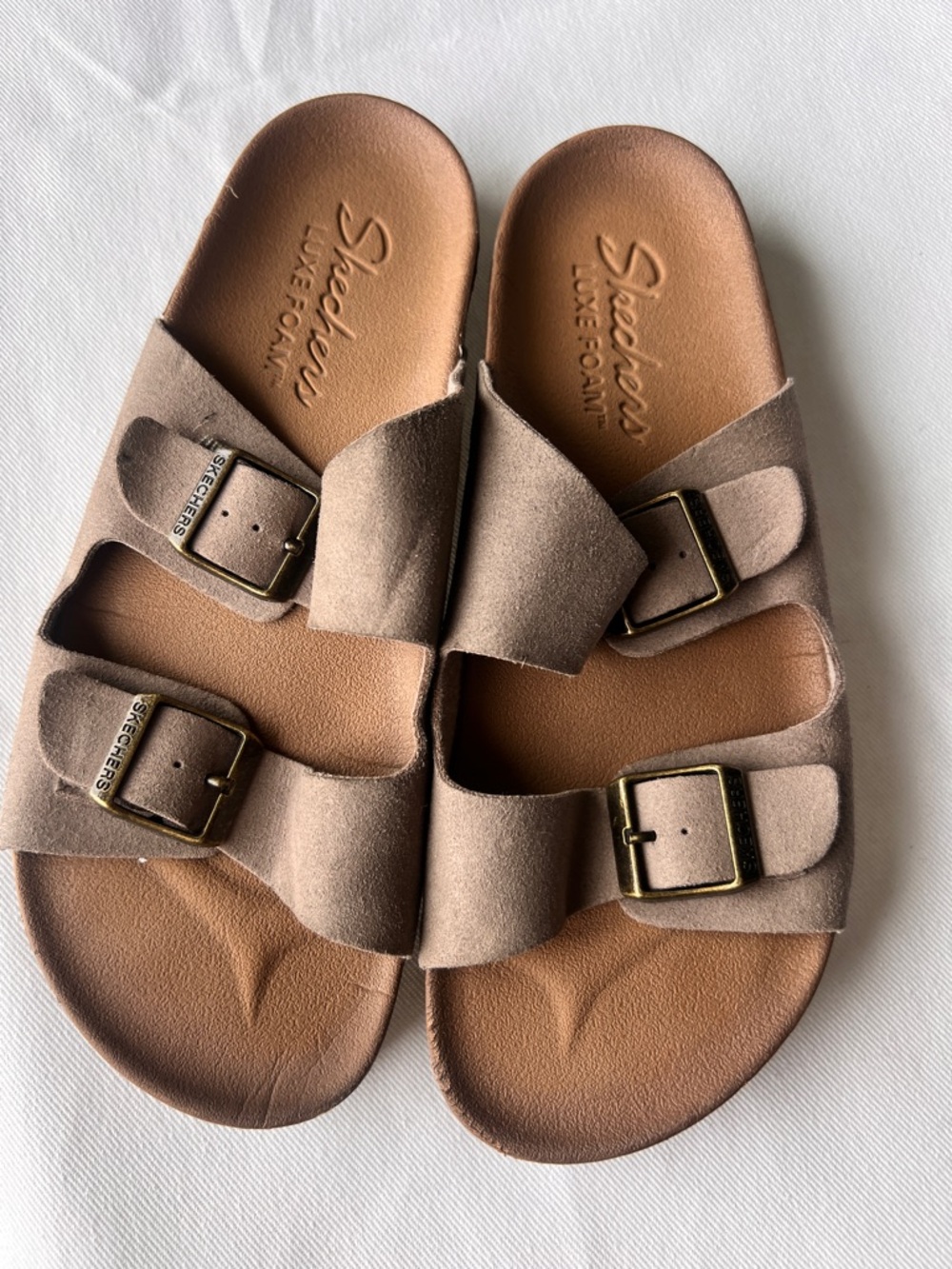 Skechers Double Buckle Slide Sandals in Taupe Brown NWOT WOMEN’s size 9